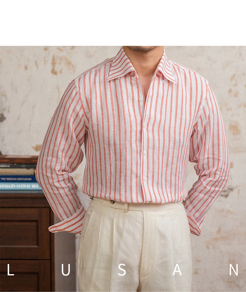 Summer 100 Linen One-piece Collar Striped Long-sleeved Shirt Lightweight Breathable Outdoor Shirt for Men