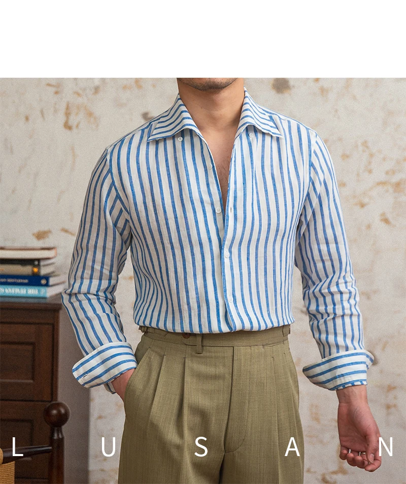 Summer 100 Linen One-piece Collar Striped Long-sleeved Shirt Lightweight Breathable Outdoor Shirt for Men