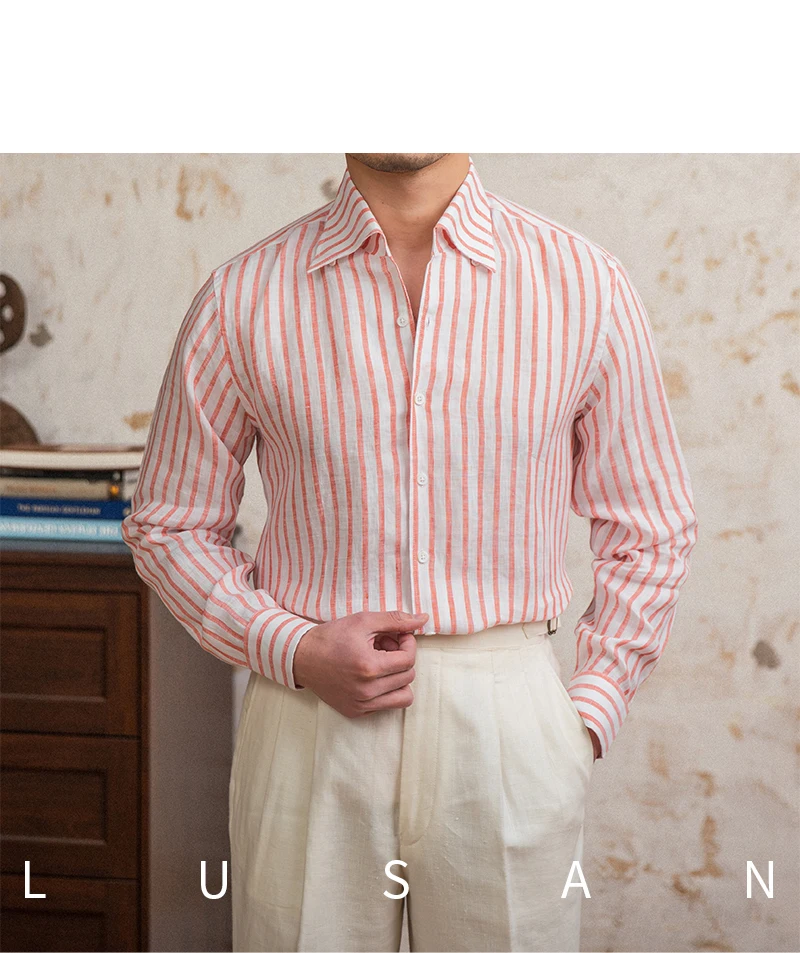 Summer 100 Linen One-piece Collar Striped Long-sleeved Shirt Lightweight Breathable Outdoor Shirt for Men