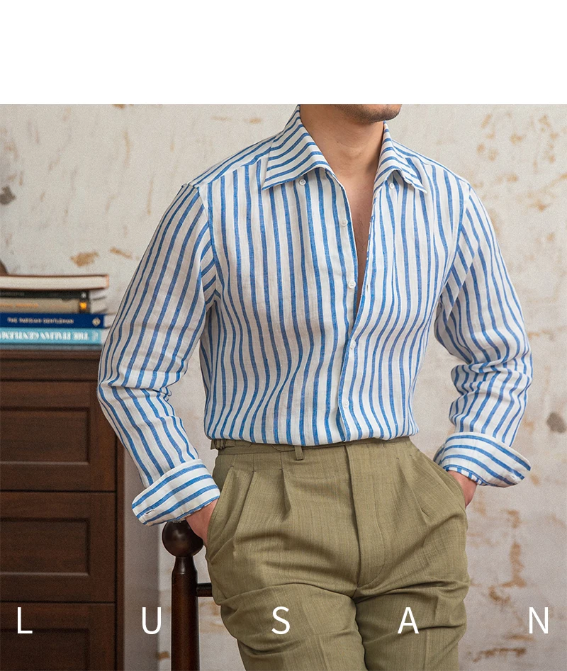 Summer 100 Linen One-piece Collar Striped Long-sleeved Shirt Lightweight Breathable Outdoor Shirt for Men