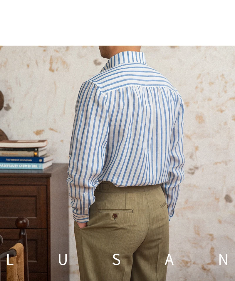 Summer 100 Linen One-piece Collar Striped Long-sleeved Shirt Lightweight Breathable Outdoor Shirt for Men