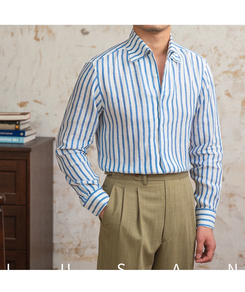 Summer 100 Linen One-piece Collar Striped Long-sleeved Shirt Lightweight Breathable Outdoor Shirt for Men