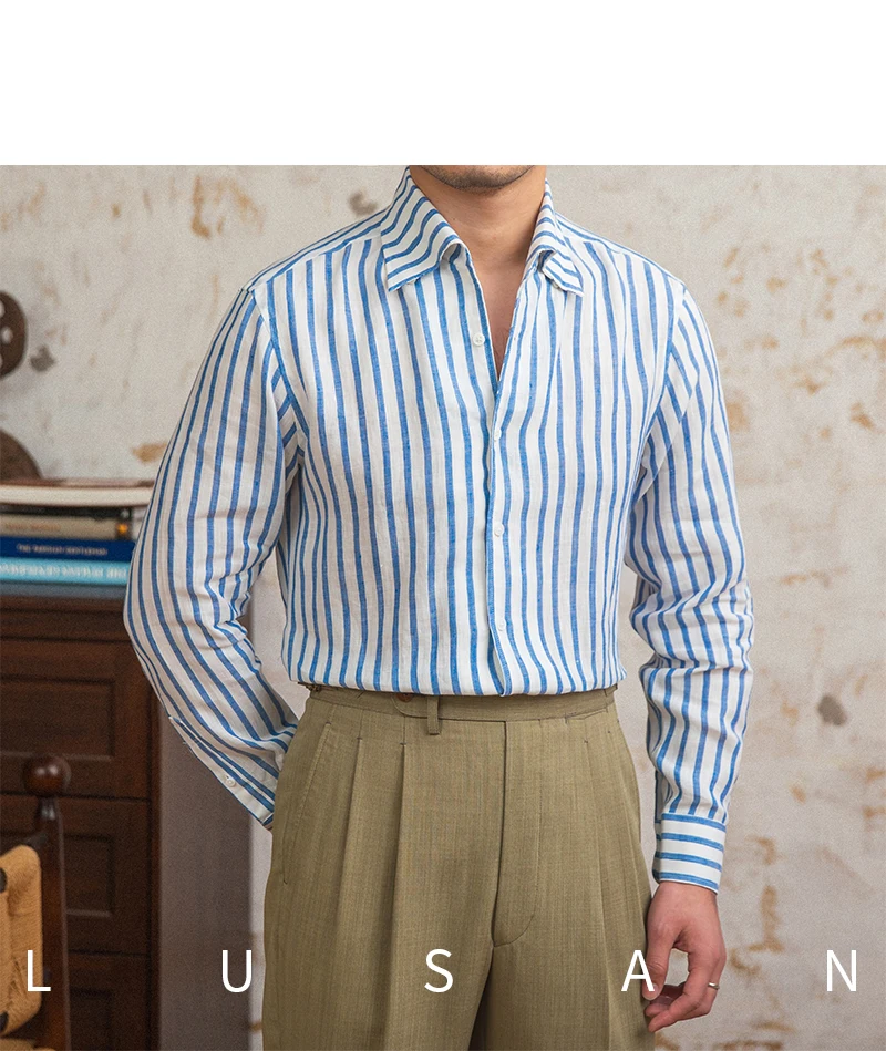 Summer 100 Linen One-piece Collar Striped Long-sleeved Shirt Lightweight Breathable Outdoor Shirt for Men