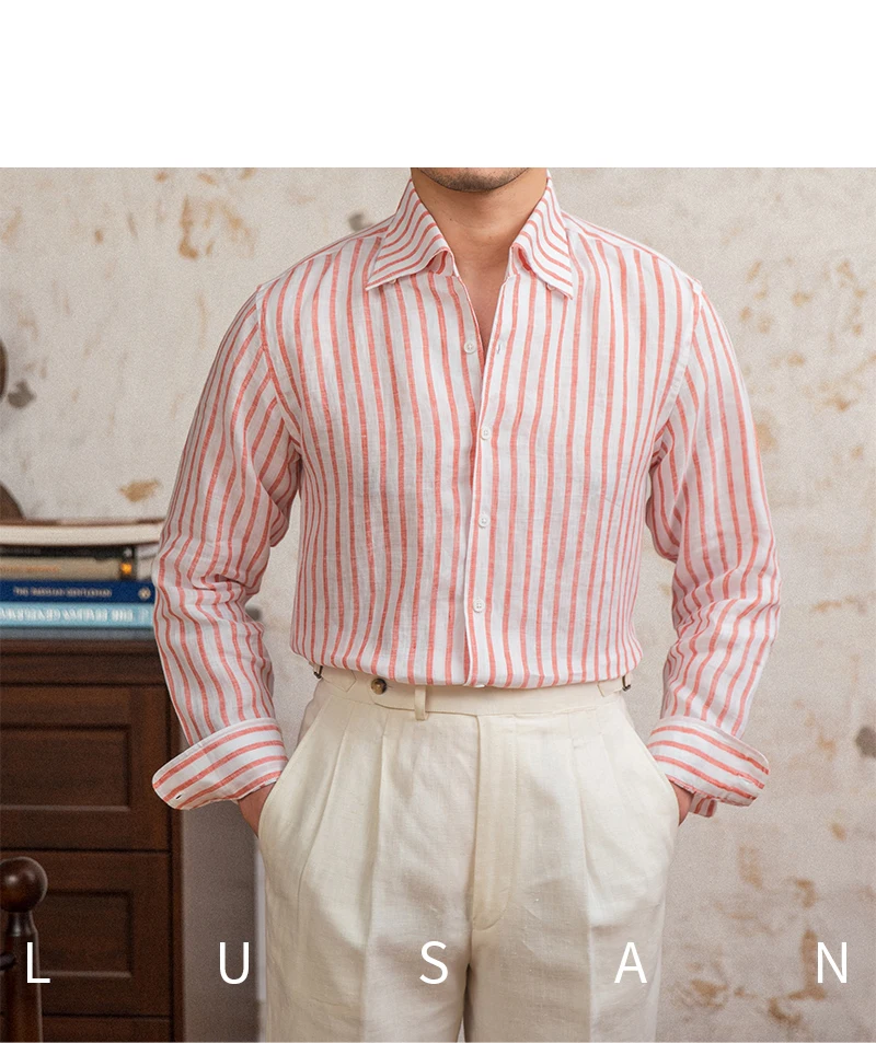 Summer 100 Linen One-piece Collar Striped Long-sleeved Shirt Lightweight Breathable Outdoor Shirt for Men
