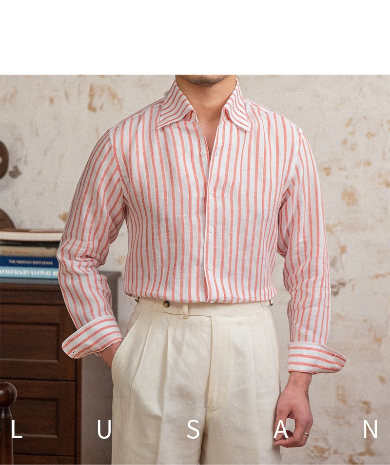 Summer 100 Linen One-piece Collar Striped Long-sleeved Shirt Lightweight Breathable Outdoor Shirt for Men
