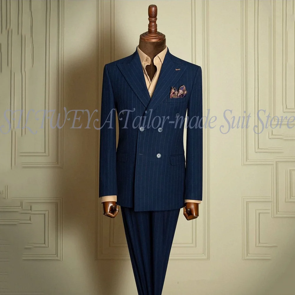 Classic Men's Stripe Suits Slim Fit Formal Tuxedos Double Breasted Groom Wear For Wedding Peaked Lapel Customize Jacket+Pants