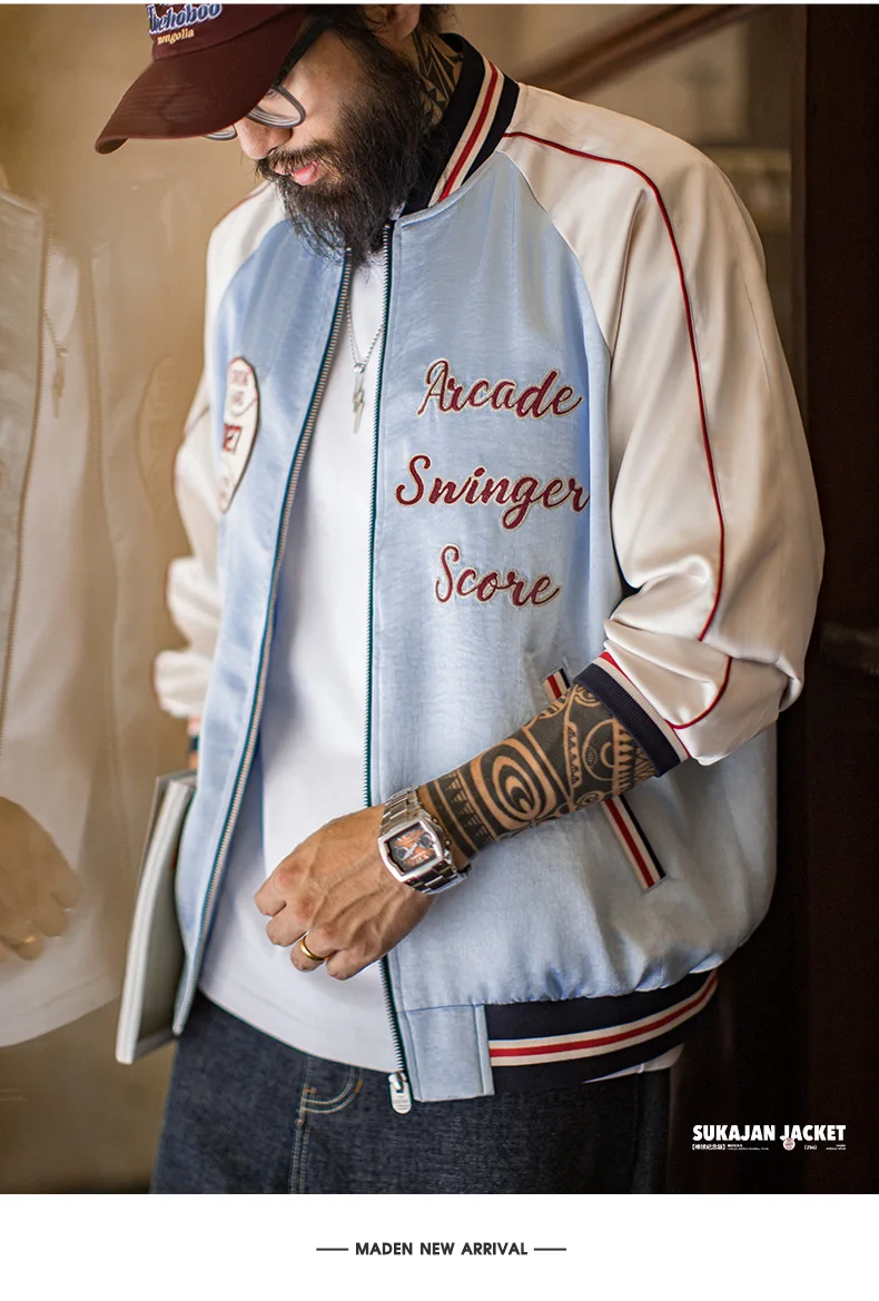 Maden Men Vintage Embroidered Souvenir Jacket Satin Contrast Baseball Bomber Outwear Short Zip-Up Casual Jacket for Spring Fall