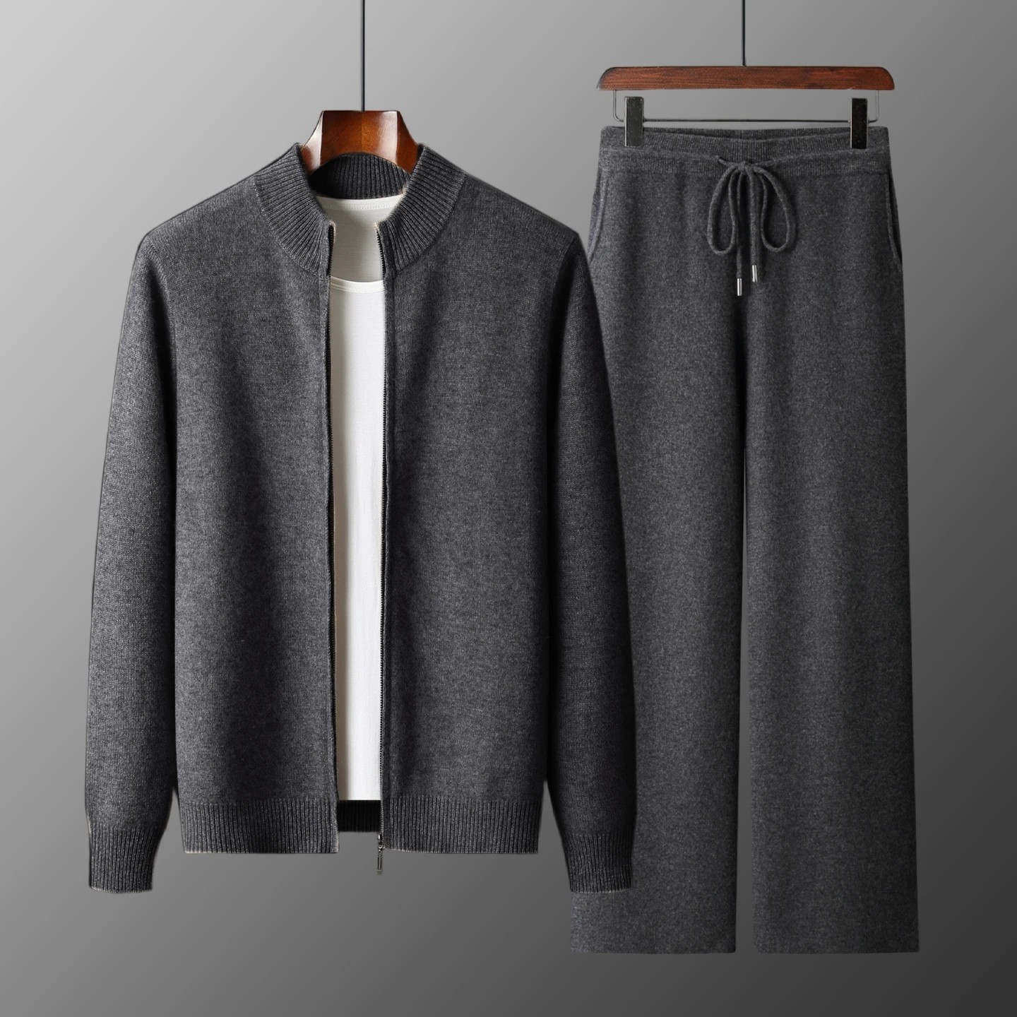Classy Man 100% Merino Wool Sweater & Trousers Set Autumn Winter Thick Warm Zipper Cardigan Jacket Wide Leg Pants Two Pieces Set