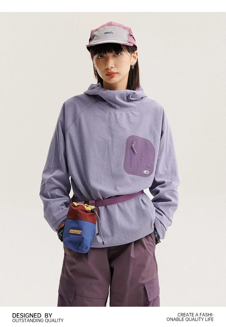Unisex Lightweight Waffle Grid Hoodie Quick-Dry Long Sleeve T-Shirt Breathable Outdoor Athletic Pullover Top for Spring Autumn
