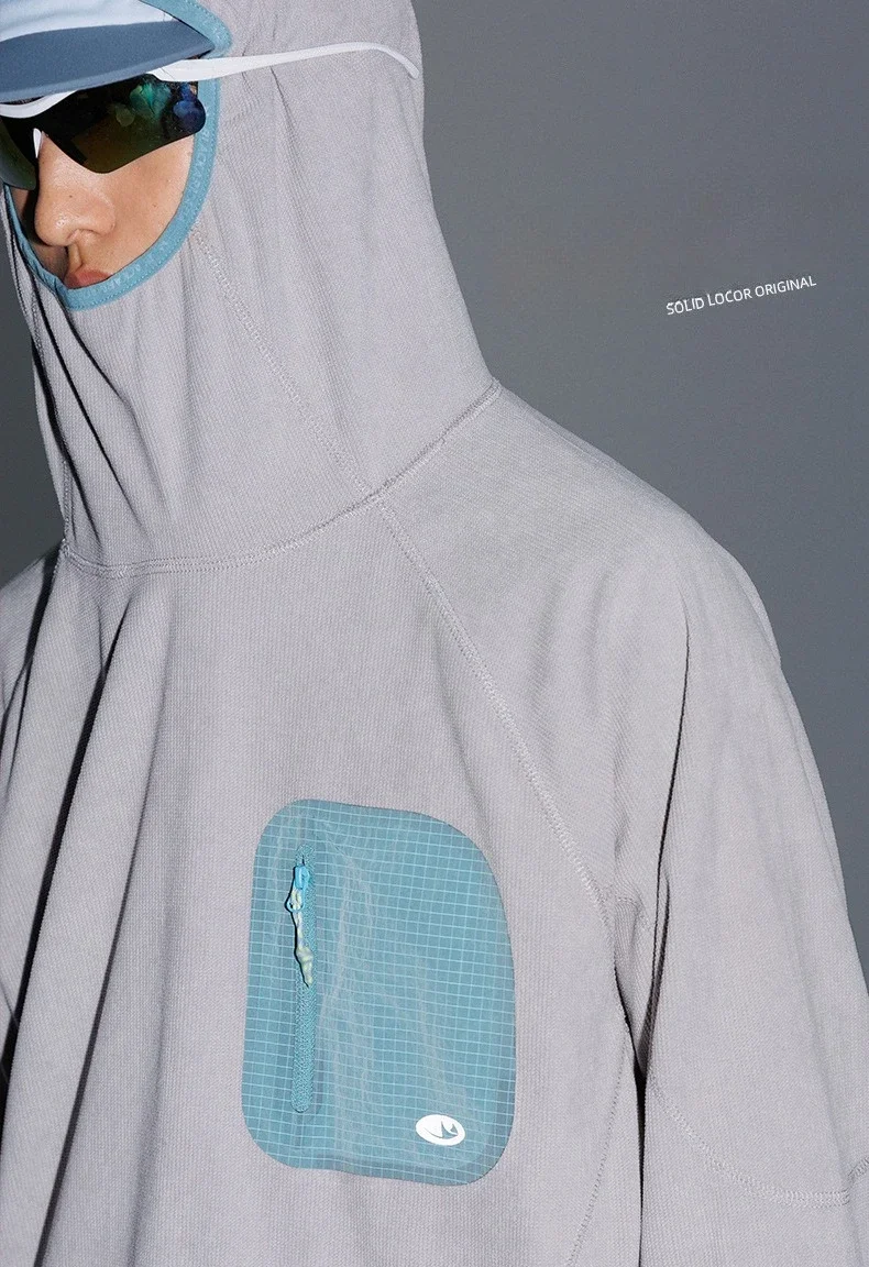 Unisex Lightweight Waffle Grid Hoodie Quick-Dry Long Sleeve T-Shirt Breathable Outdoor Athletic Pullover Top for Spring Autumn