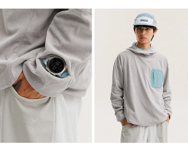 Unisex Lightweight Waffle Grid Hoodie Quick-Dry Long Sleeve T-Shirt Breathable Outdoor Athletic Pullover Top for Spring Autumn