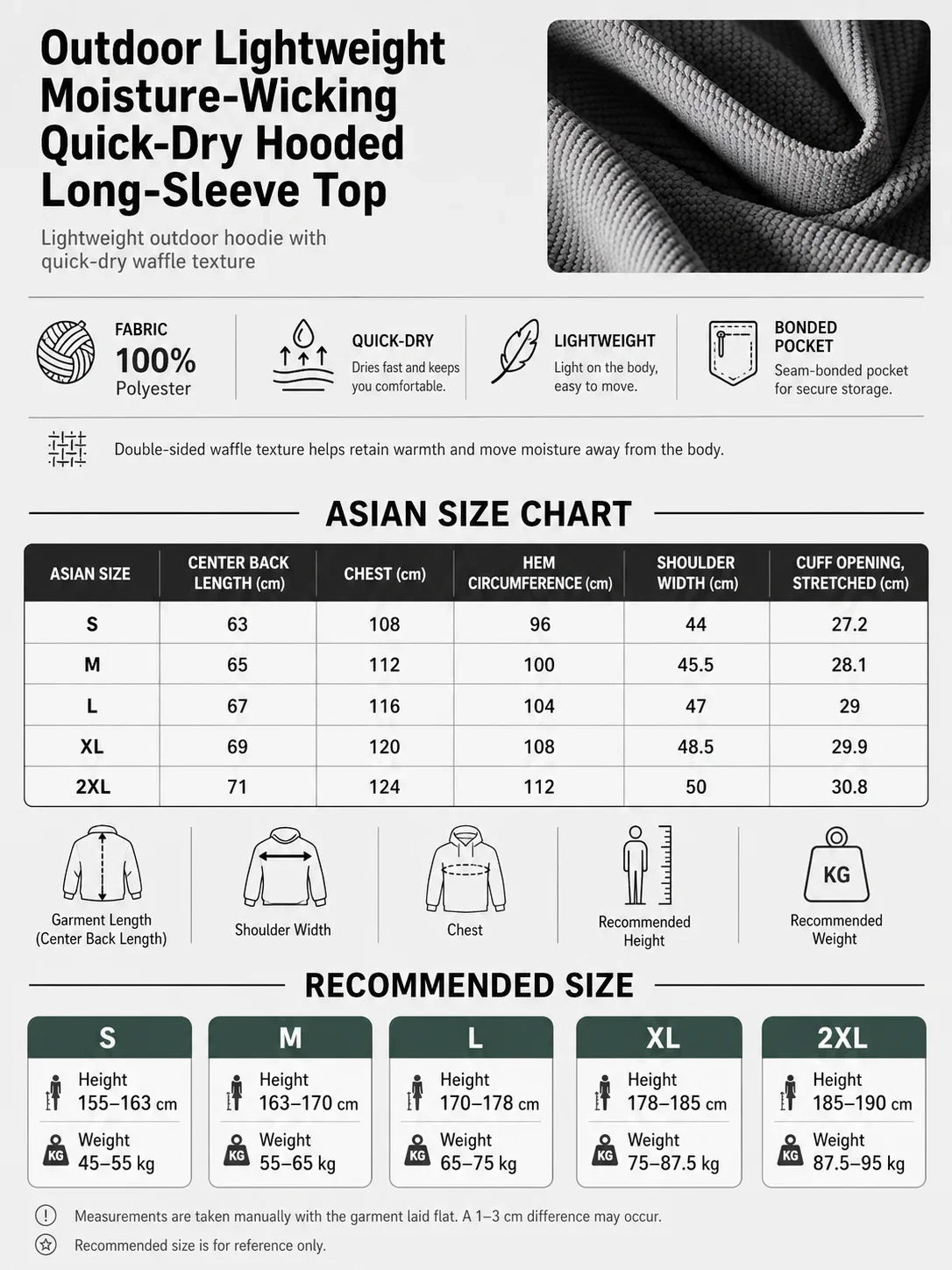 Unisex Lightweight Waffle Grid Hoodie Quick-Dry Long Sleeve T-Shirt Breathable Outdoor Athletic Pullover Top for Spring Autumn