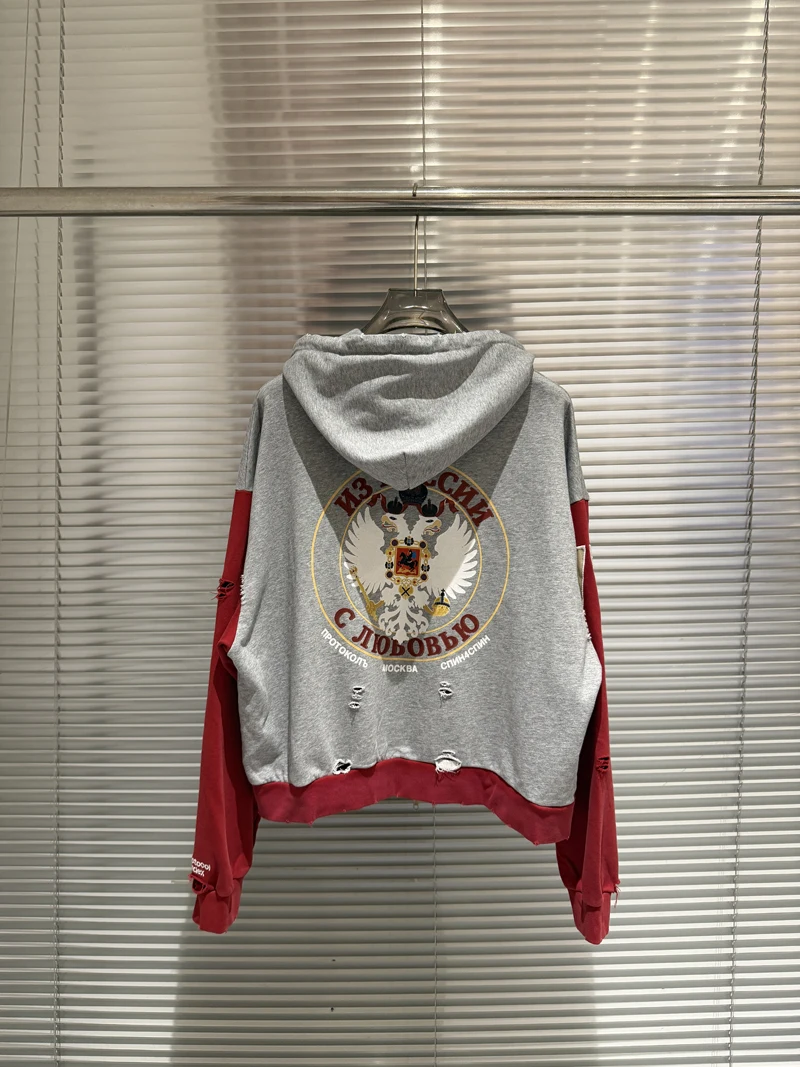 Embroidery War Horse Knight Protocol Index Zipper Hoodie Men Women Double-headed Eagle Print Loose Hole Damaged Loose Pullovers