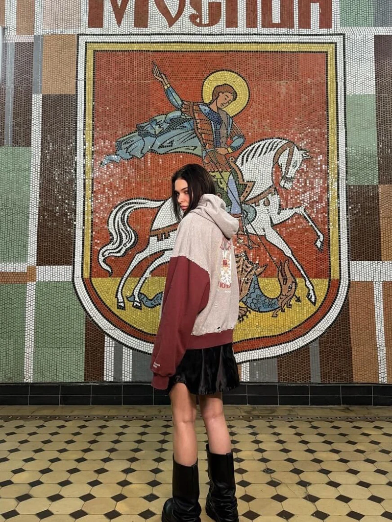 Embroidery War Horse Knight Protocol Index Zipper Hoodie Men Women Double-headed Eagle Print Loose Hole Damaged Loose Pullovers