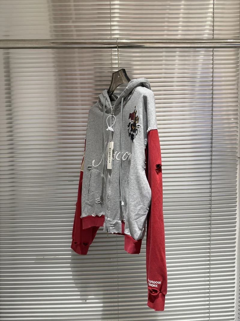 Embroidery War Horse Knight Protocol Index Zipper Hoodie Men Women Double-headed Eagle Print Loose Hole Damaged Loose Pullovers