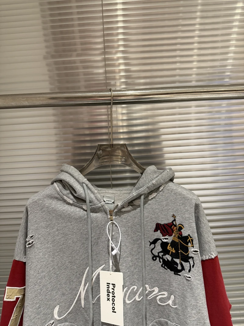 Embroidery War Horse Knight Protocol Index Zipper Hoodie Men Women Double-headed Eagle Print Loose Hole Damaged Loose Pullovers
