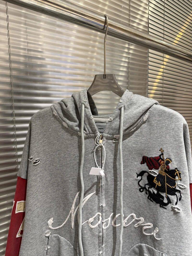 Embroidery War Horse Knight Protocol Index Zipper Hoodie Men Women Double-headed Eagle Print Loose Hole Damaged Loose Pullovers