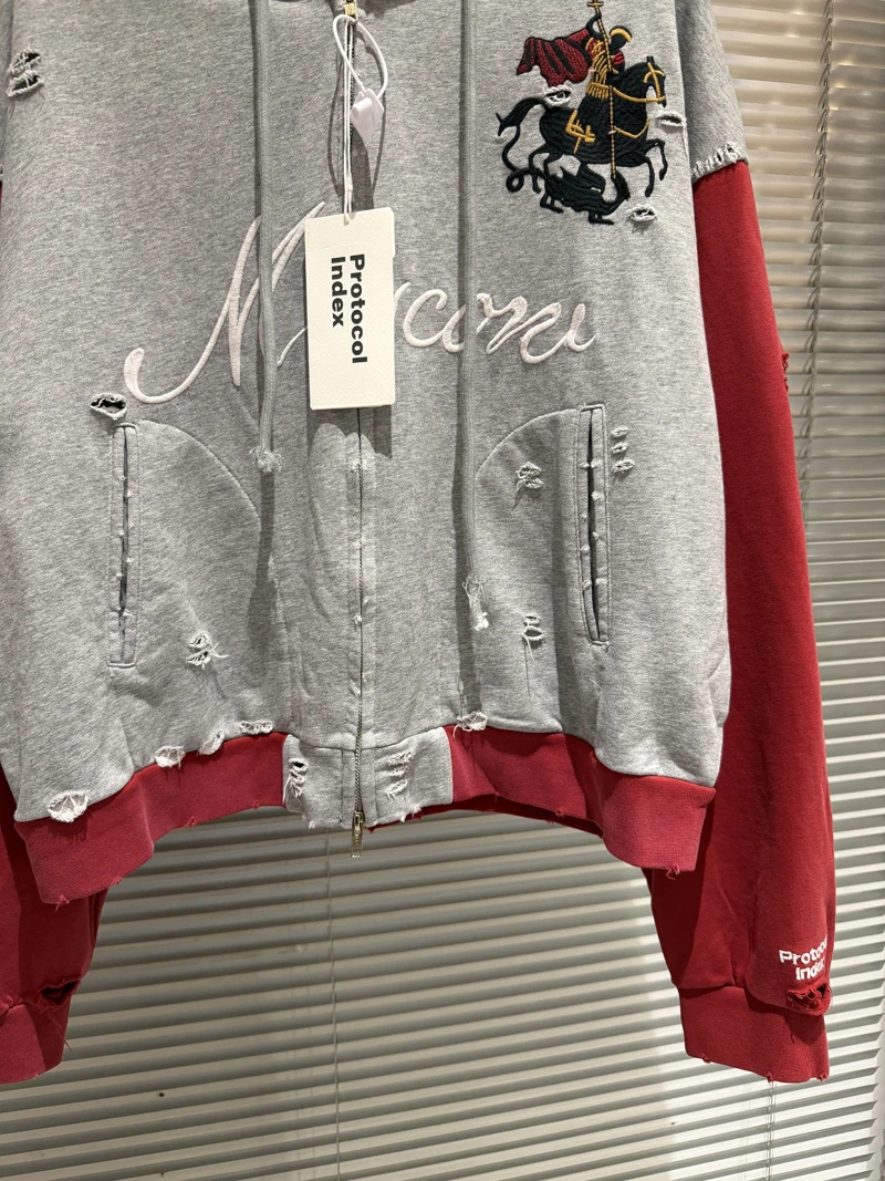 Embroidery War Horse Knight Protocol Index Zipper Hoodie Men Women Double-headed Eagle Print Loose Hole Damaged Loose Pullovers