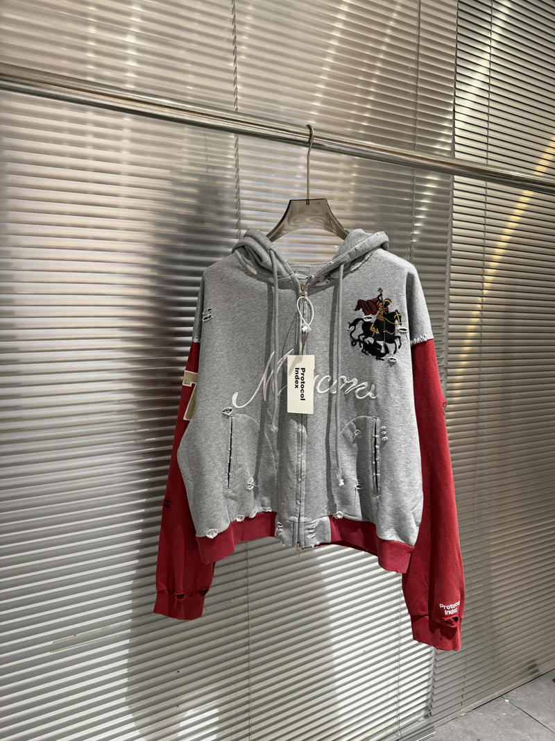 Embroidery War Horse Knight Protocol Index Zipper Hoodie Men Women Double-headed Eagle Print Loose Hole Damaged Loose Pullovers