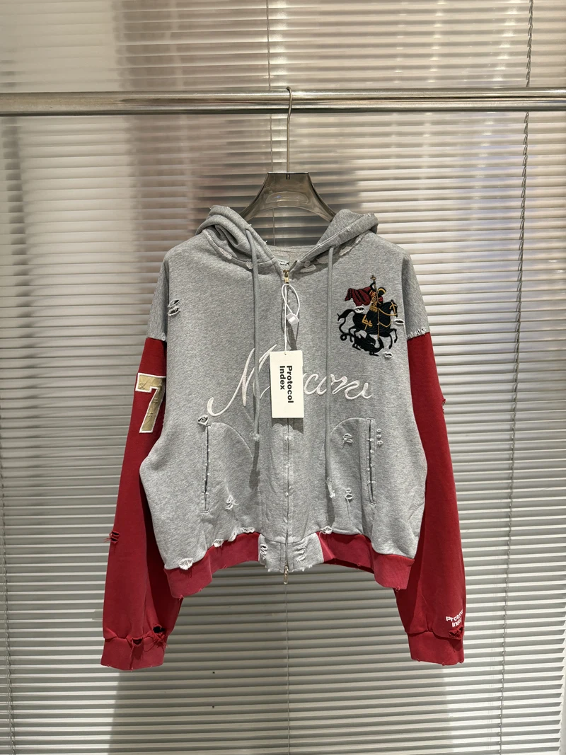 Embroidery War Horse Knight Protocol Index Zipper Hoodie Men Women Double-headed Eagle Print Loose Hole Damaged Loose Pullovers