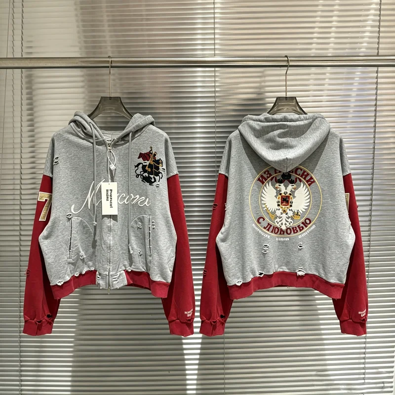 Embroidery War Horse Knight Protocol Index Zipper Hoodie Men Women Double-headed Eagle Print Loose Hole Damaged Loose Pullovers