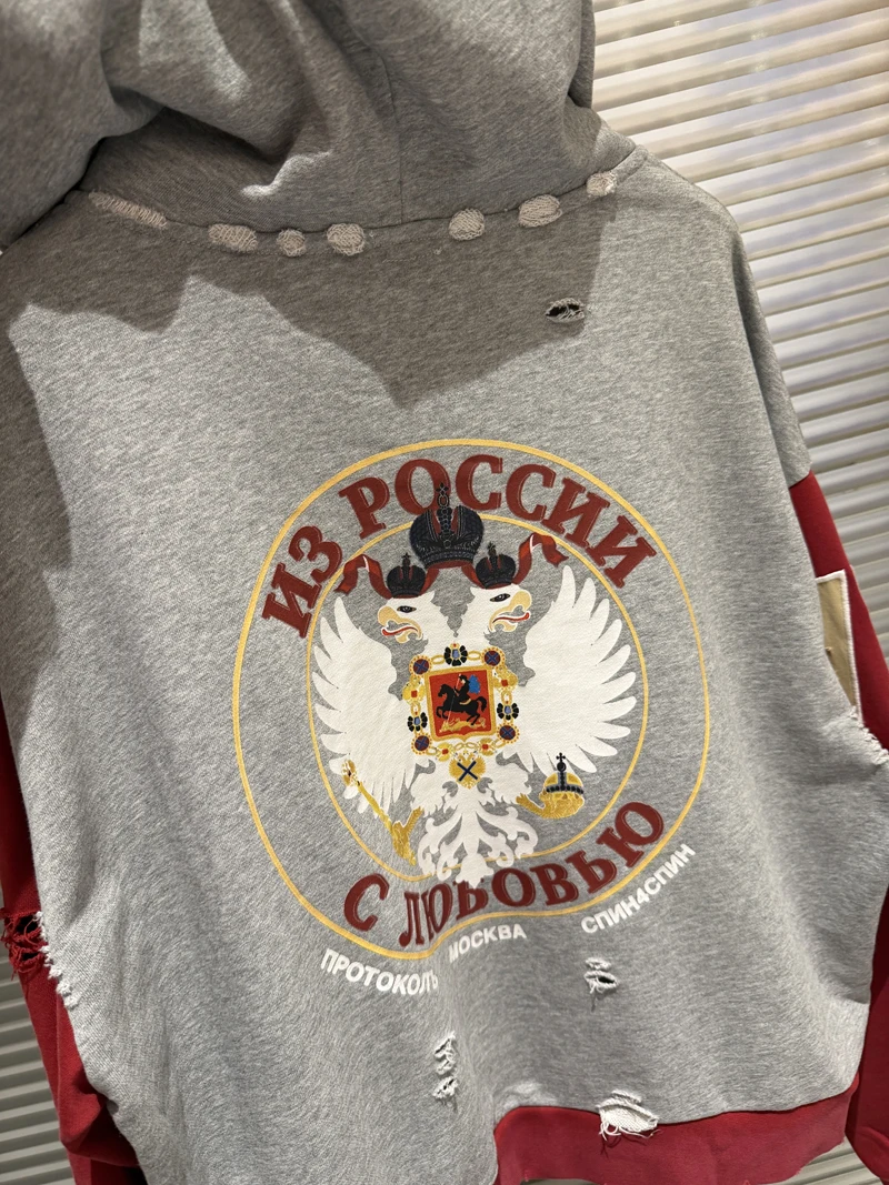Embroidery War Horse Knight Protocol Index Zipper Hoodie Men Women Double-headed Eagle Print Loose Hole Damaged Loose Pullovers