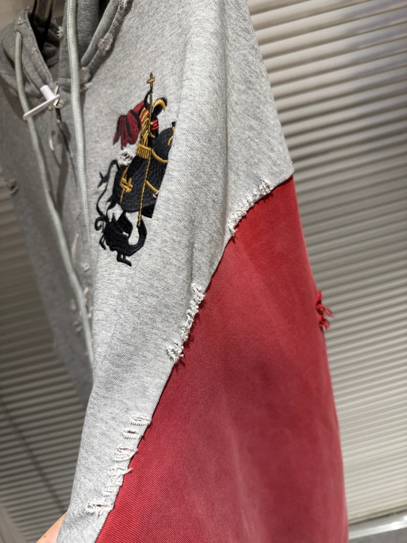 Embroidery War Horse Knight Protocol Index Zipper Hoodie Men Women Double-headed Eagle Print Loose Hole Damaged Loose Pullovers