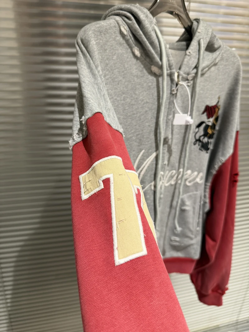Embroidery War Horse Knight Protocol Index Zipper Hoodie Men Women Double-headed Eagle Print Loose Hole Damaged Loose Pullovers