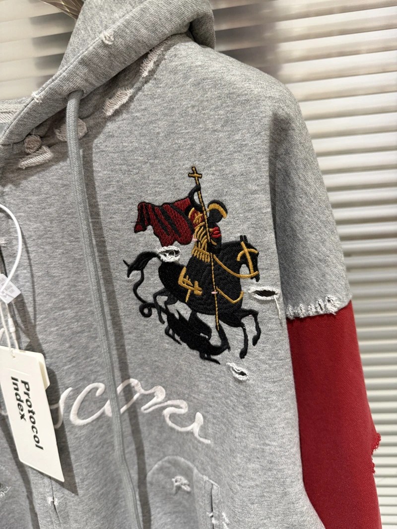 Embroidery War Horse Knight Protocol Index Zipper Hoodie Men Women Double-headed Eagle Print Loose Hole Damaged Loose Pullovers
