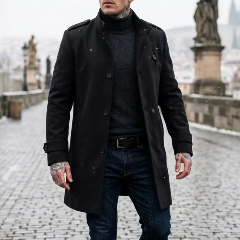 New Winter Men's Epauletted Trench Coat Business Casual Long Jacket Blazer-Style Commuter-Friendly Daily Outerwear [Modern Fit]