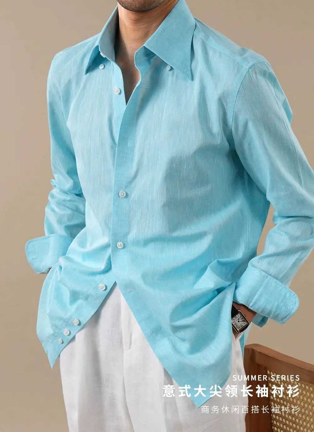 Summer Linen Blend Shirt For Men Large Pointed Collar Casual Top Quality Business Breathable Mens Shirts Commuting Professional