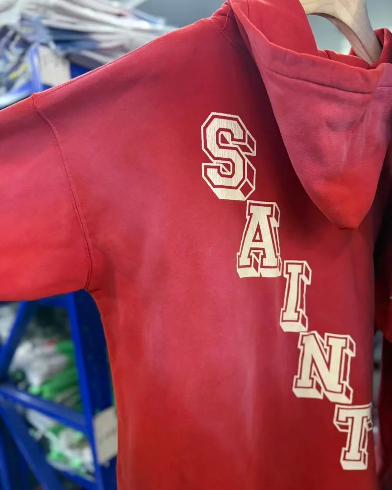SAINT Vintage Printed Hoodie Coat Blue Red Premium Quality Winter Hip Hop Loose Casual Cotton Hooded Outerwear for Men Women