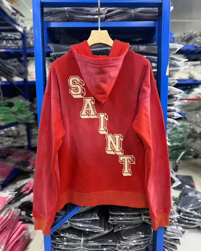 SAINT Vintage Printed Hoodie Coat Blue Red Premium Quality Winter Hip Hop Loose Casual Cotton Hooded Outerwear for Men Women