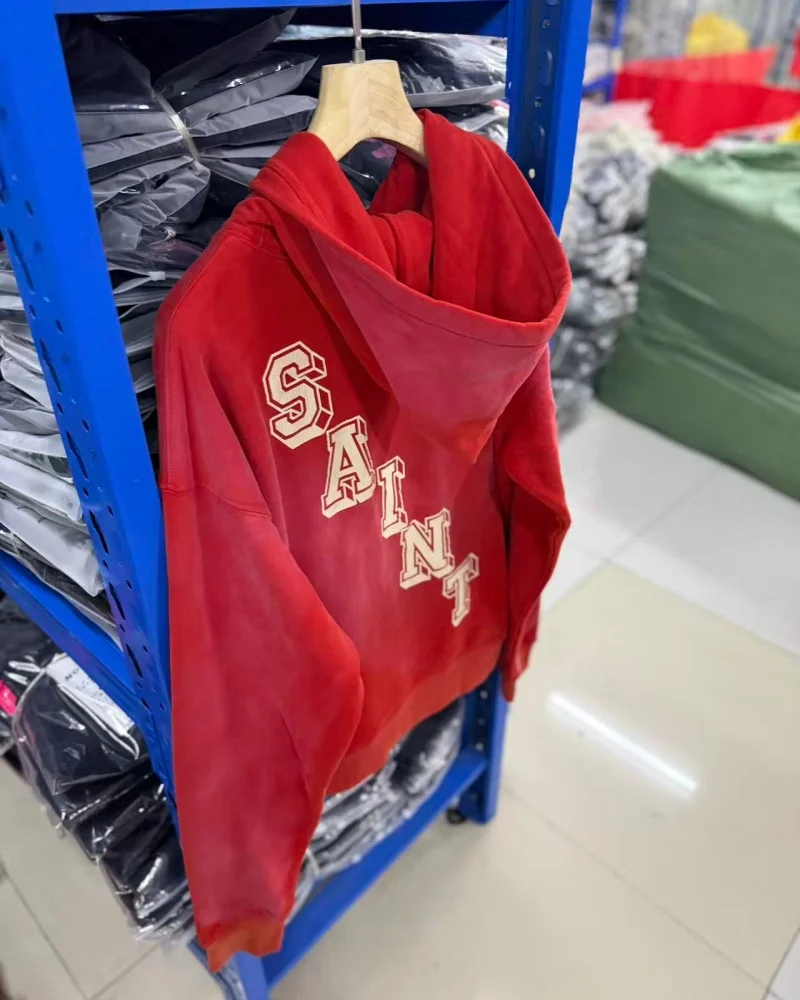SAINT Vintage Printed Hoodie Coat Blue Red Premium Quality Winter Hip Hop Loose Casual Cotton Hooded Outerwear for Men Women