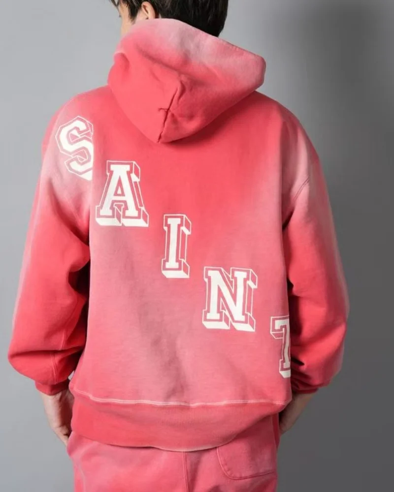 SAINT Vintage Printed Hoodie Coat Blue Red Premium Quality Winter Hip Hop Loose Casual Cotton Hooded Outerwear for Men Women