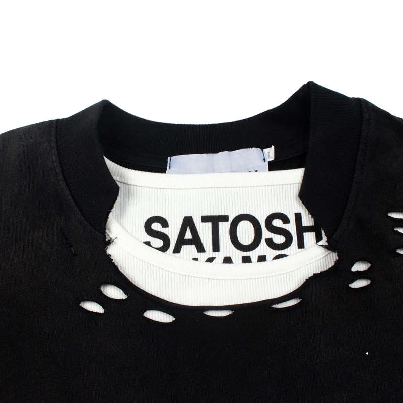Satoshi Nakamoto T-shirt Long Sleeve Men's Women's Street Ripped Loose Washed Hip Hop Letter Print Tshirts 2 Pieces Wear
