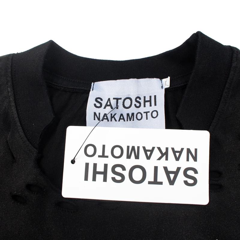 Satoshi Nakamoto T-shirt Long Sleeve Men's Women's Street Ripped Loose Washed Hip Hop Letter Print Tshirts 2 Pieces Wear