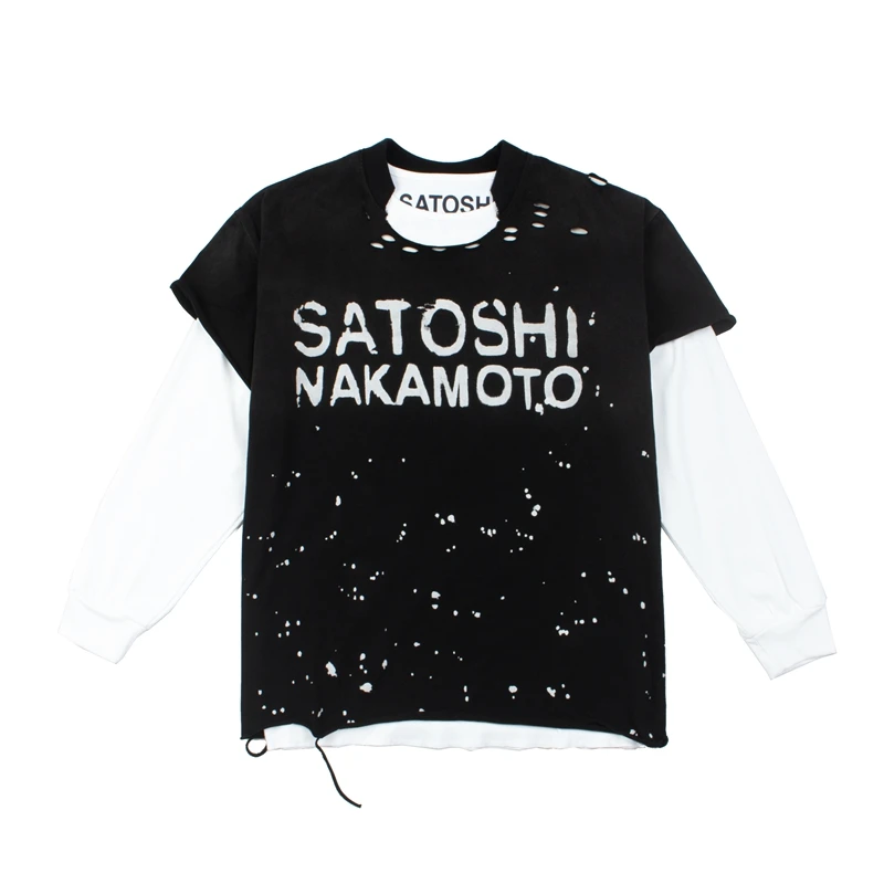 Satoshi Nakamoto T-shirt Long Sleeve Men's Women's Street Ripped Loose Washed Hip Hop Letter Print Tshirts 2 Pieces Wear