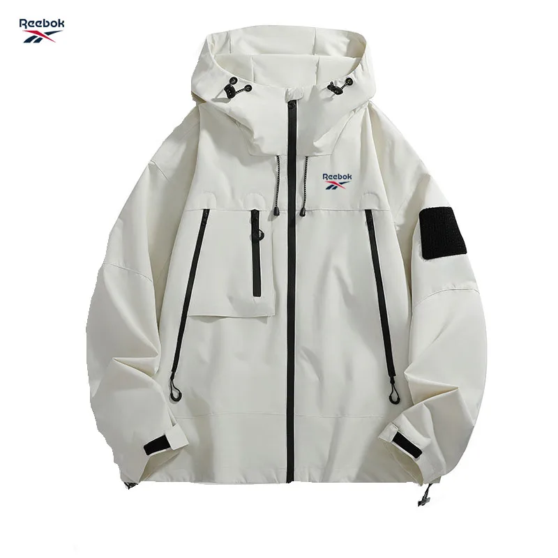 Reebok Men's Hooded Jacket, Black Waterproof Sliding Windproof Coat, Multi-Zip Design Camping Loose-Fitting Softshell Hiking Jac