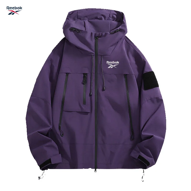 Reebok Men's Hooded Jacket, Black Waterproof Sliding Windproof Coat, Multi-Zip Design Camping Loose-Fitting Softshell Hiking Jac