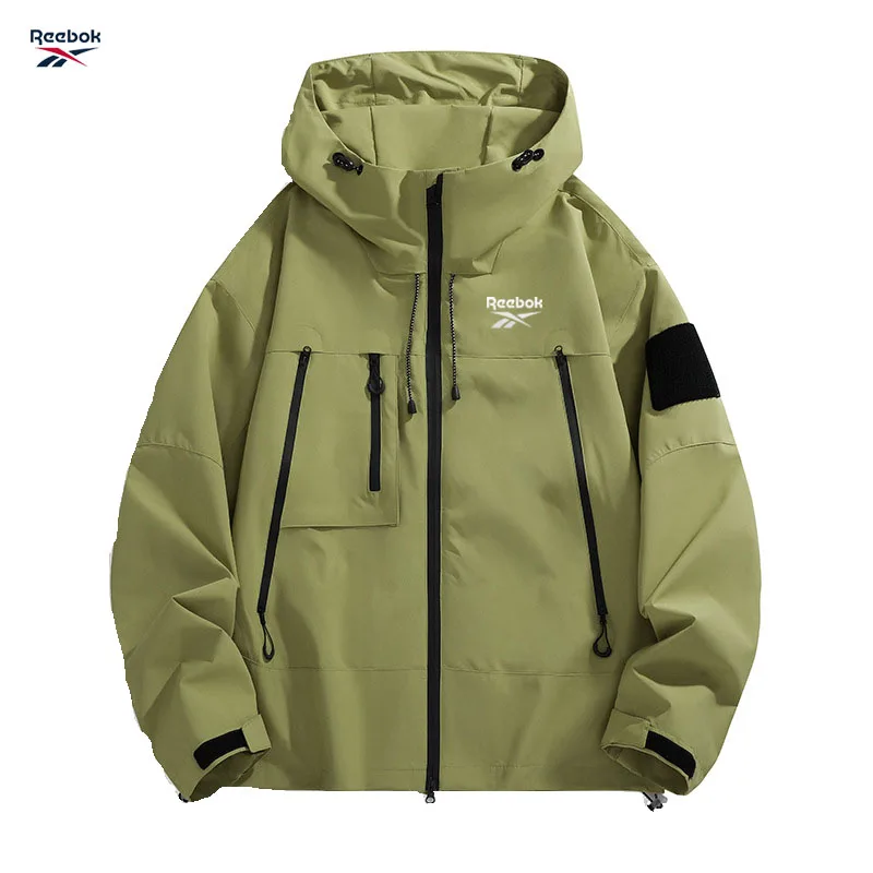 Reebok Men's Hooded Jacket, Black Waterproof Sliding Windproof Coat, Multi-Zip Design Camping Loose-Fitting Softshell Hiking Jac