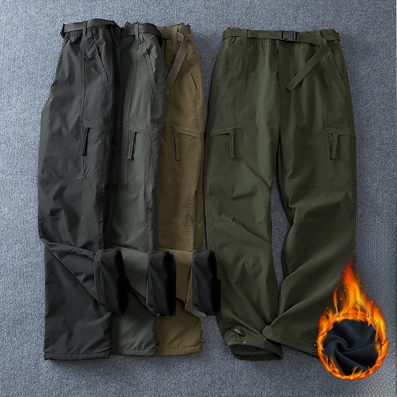 Men Fleece Lined Cargo Pants Winter Outdoor Loose Straight Softshell Hiking Pants Autumn Winter Thick Windproof Snow Trousers