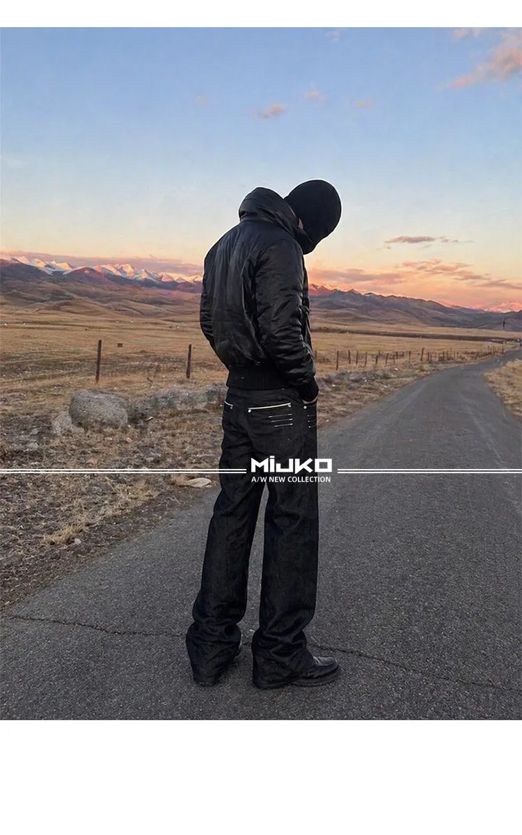 MIJKO Flared Raw Denim Unisex Jeans Washed Wide Leg Dark Blue Leather Patch Long Pants TJ180