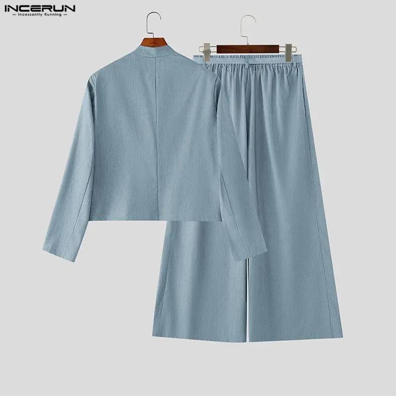 INCERUN Men Sets Solid Color Long Sleeve Blazer Wide Leg Pants Two Piece Sets Streetwear Elegant Fashion Men Matching Sets 2026