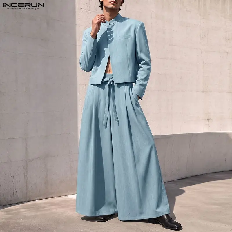 INCERUN Men Sets Solid Color Long Sleeve Blazer Wide Leg Pants Two Piece Sets Streetwear Elegant Fashion Men Matching Sets 2026