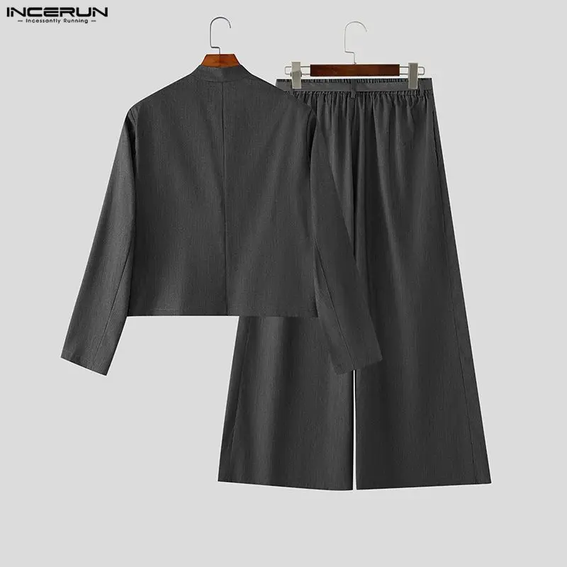 INCERUN Men Sets Solid Color Long Sleeve Blazer Wide Leg Pants Two Piece Sets Streetwear Elegant Fashion Men Matching Sets 2026