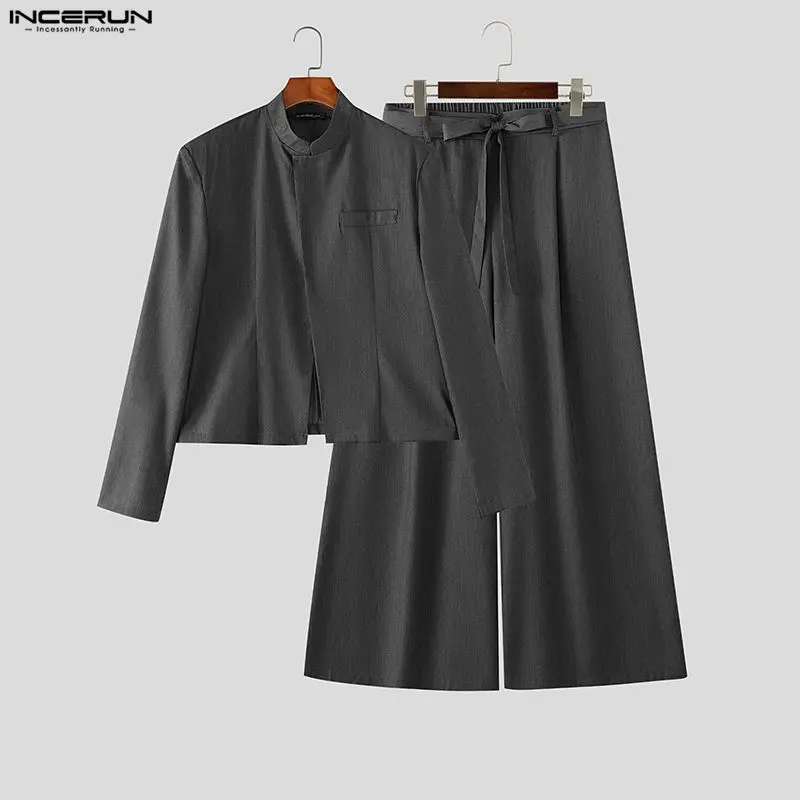 INCERUN Men Sets Solid Color Long Sleeve Blazer Wide Leg Pants Two Piece Sets Streetwear Elegant Fashion Men Matching Sets 2026