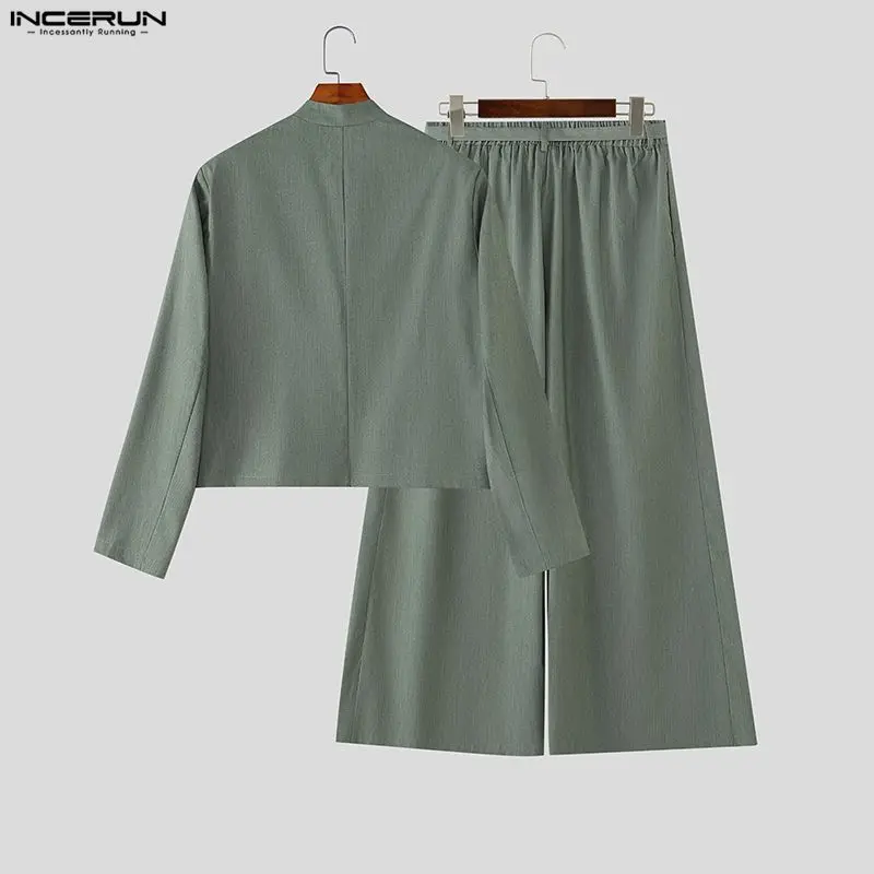 INCERUN Men Sets Solid Color Long Sleeve Blazer Wide Leg Pants Two Piece Sets Streetwear Elegant Fashion Men Matching Sets 2026