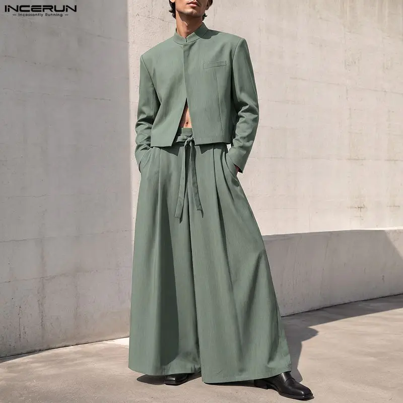 INCERUN Men Sets Solid Color Long Sleeve Blazer Wide Leg Pants Two Piece Sets Streetwear Elegant Fashion Men Matching Sets 2026
