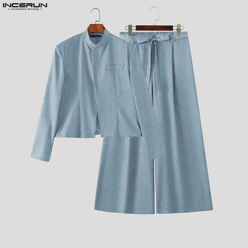 INCERUN Men Sets Solid Color Long Sleeve Blazer Wide Leg Pants Two Piece Sets Streetwear Elegant Fashion Men Matching Sets 2026